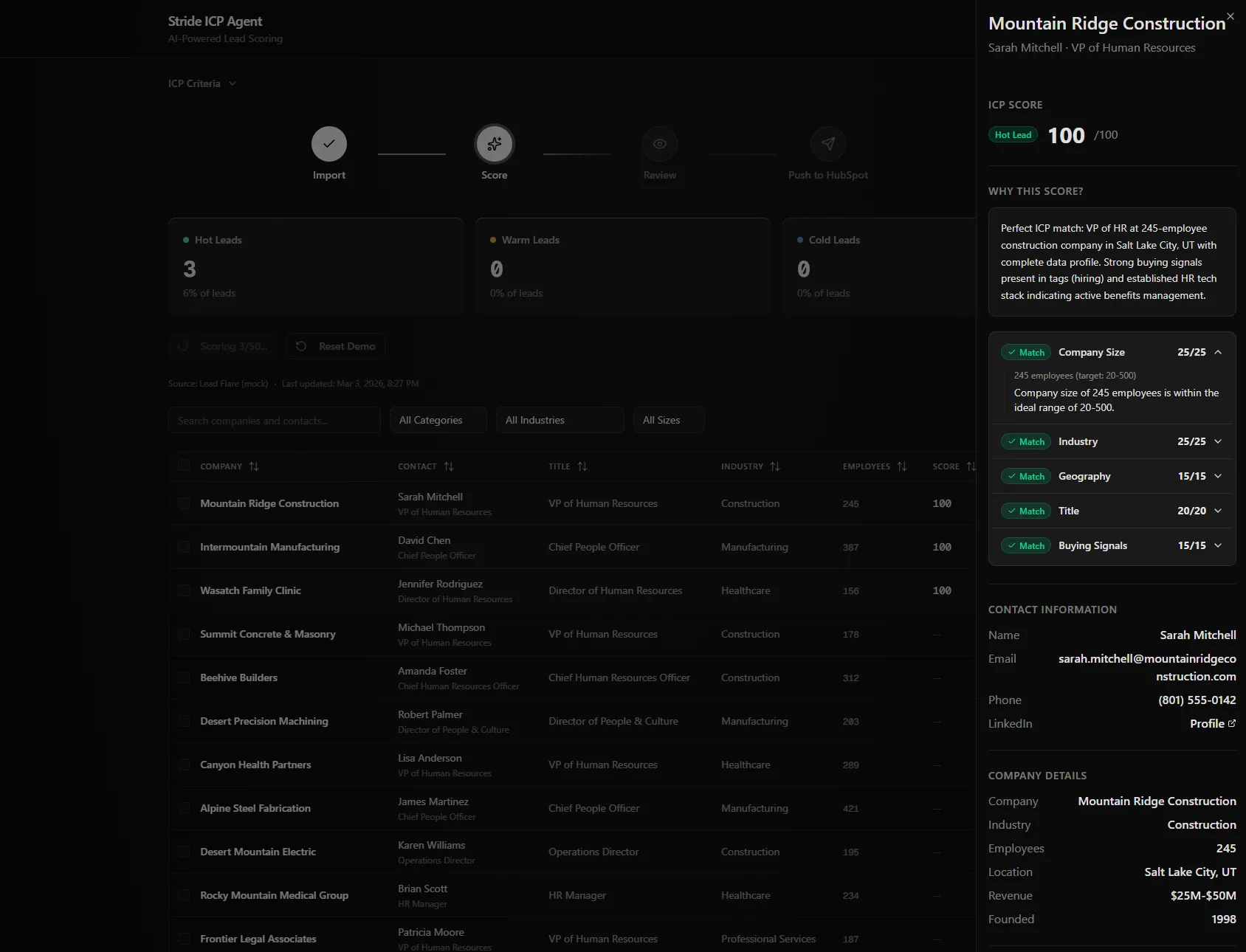 Lead Flare -- ICP scoring engine with company profiles and lead qualification