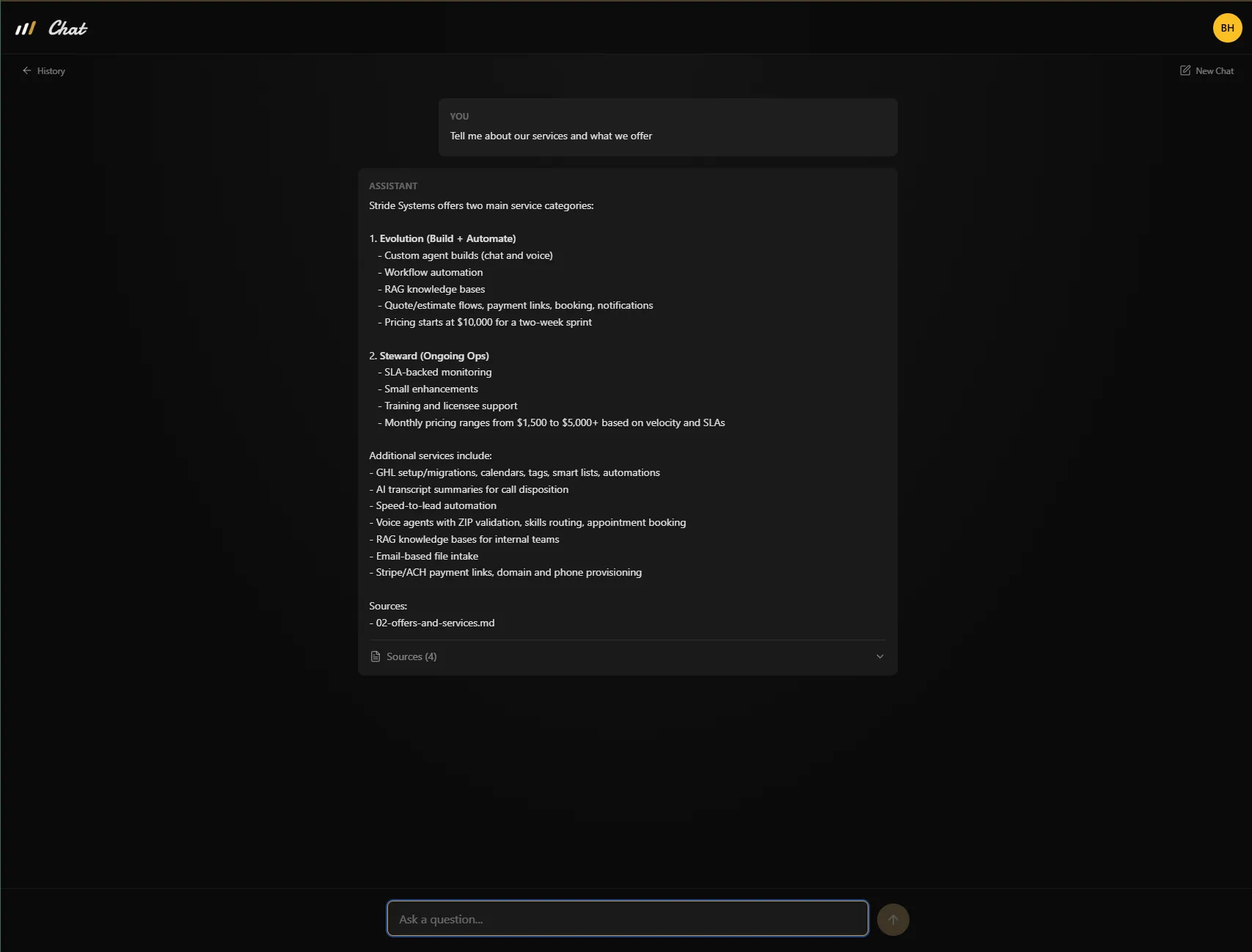 R1 Knowledge Base -- chat interface with AI-powered answers from company docs